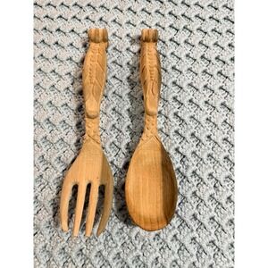 Hand Carved Wooden Salad Serving Set Folk Art Rustic Fork and Spoon 2 Piece